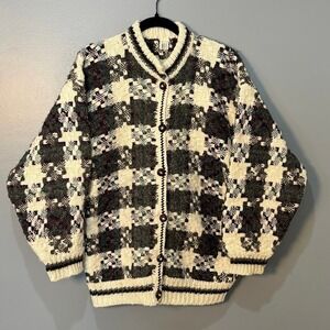 Ixchel Cardigan‎ Sweater Mens L Cream Wool Geometric Button Vintage Boho Ecuador